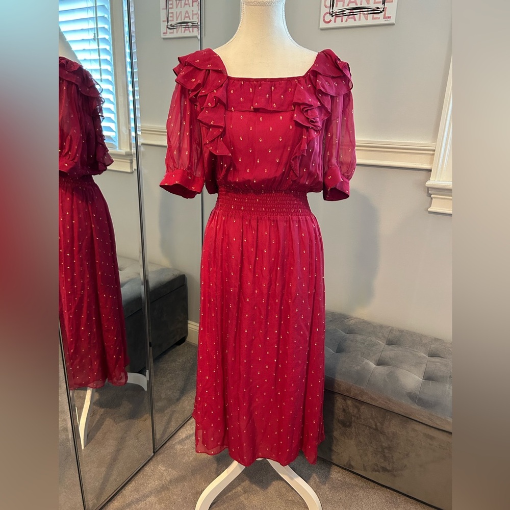 BA&SH Romeo Ruffled Metallic Fil Coupe Georgette Midi Dress Size M New